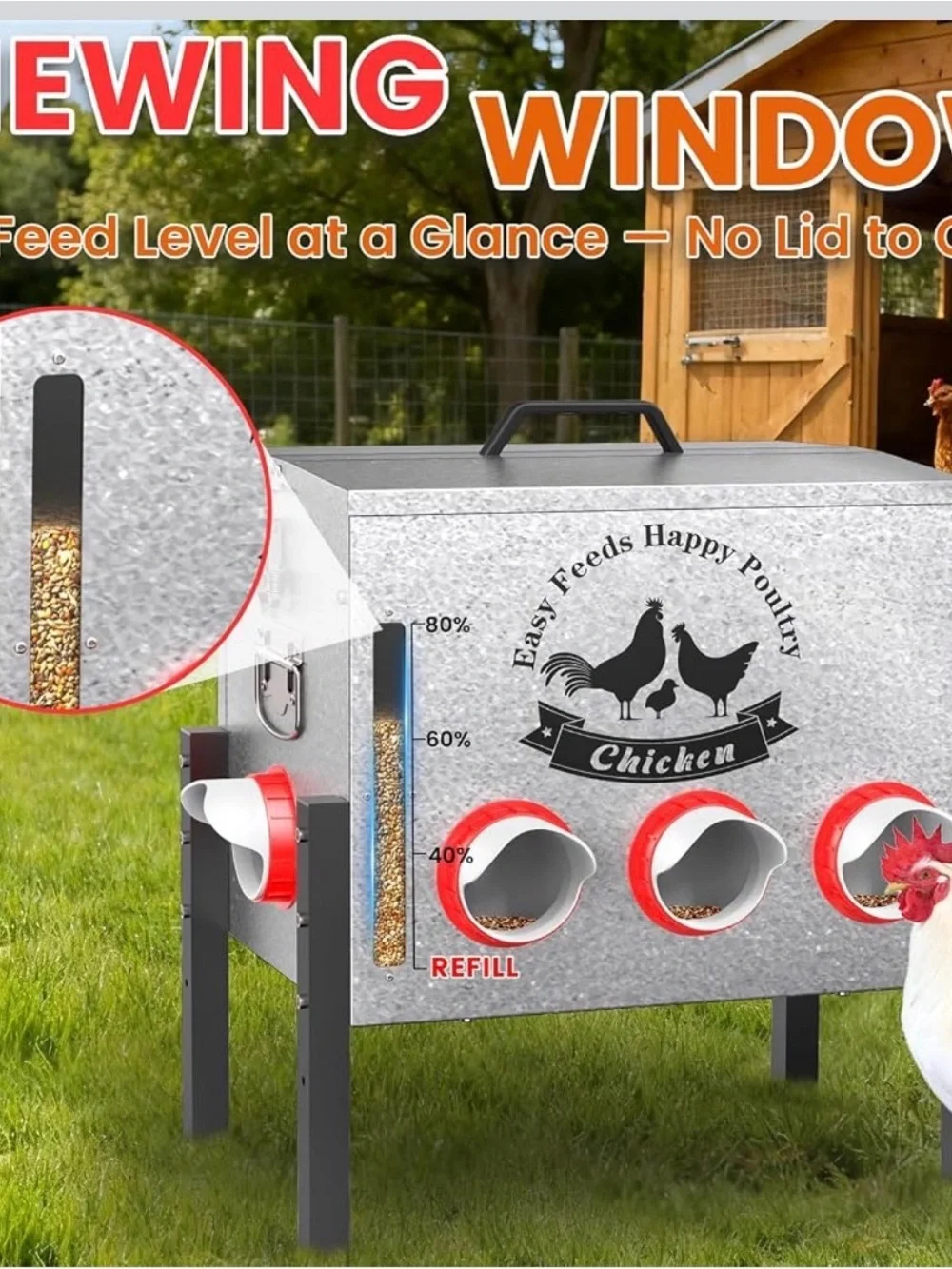 10-Gal Metal Chicken Feeder - 8 Ports, 55LB Capacity, Anti-Waste, Rust-Proof, Ou